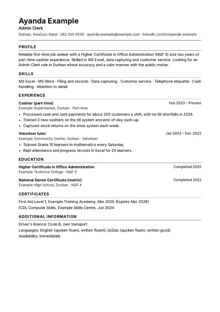 Sample ATS Classic CV, one page, for fictional applicant Ayanda Example.
