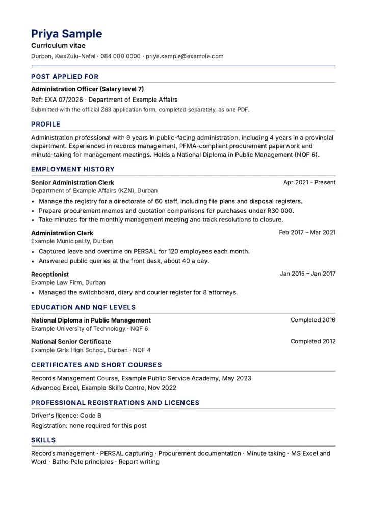 Sample Government CV, page 1 of 2, for fictional applicant Ayanda Example.