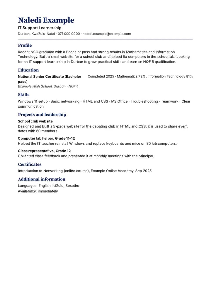 Sample Graduate CV, one page, for fictional applicant Ayanda Example.