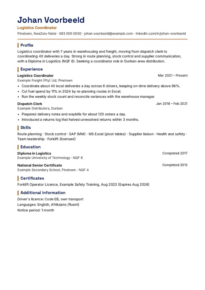 Sample Modern CV, one page, for fictional applicant Ayanda Example.